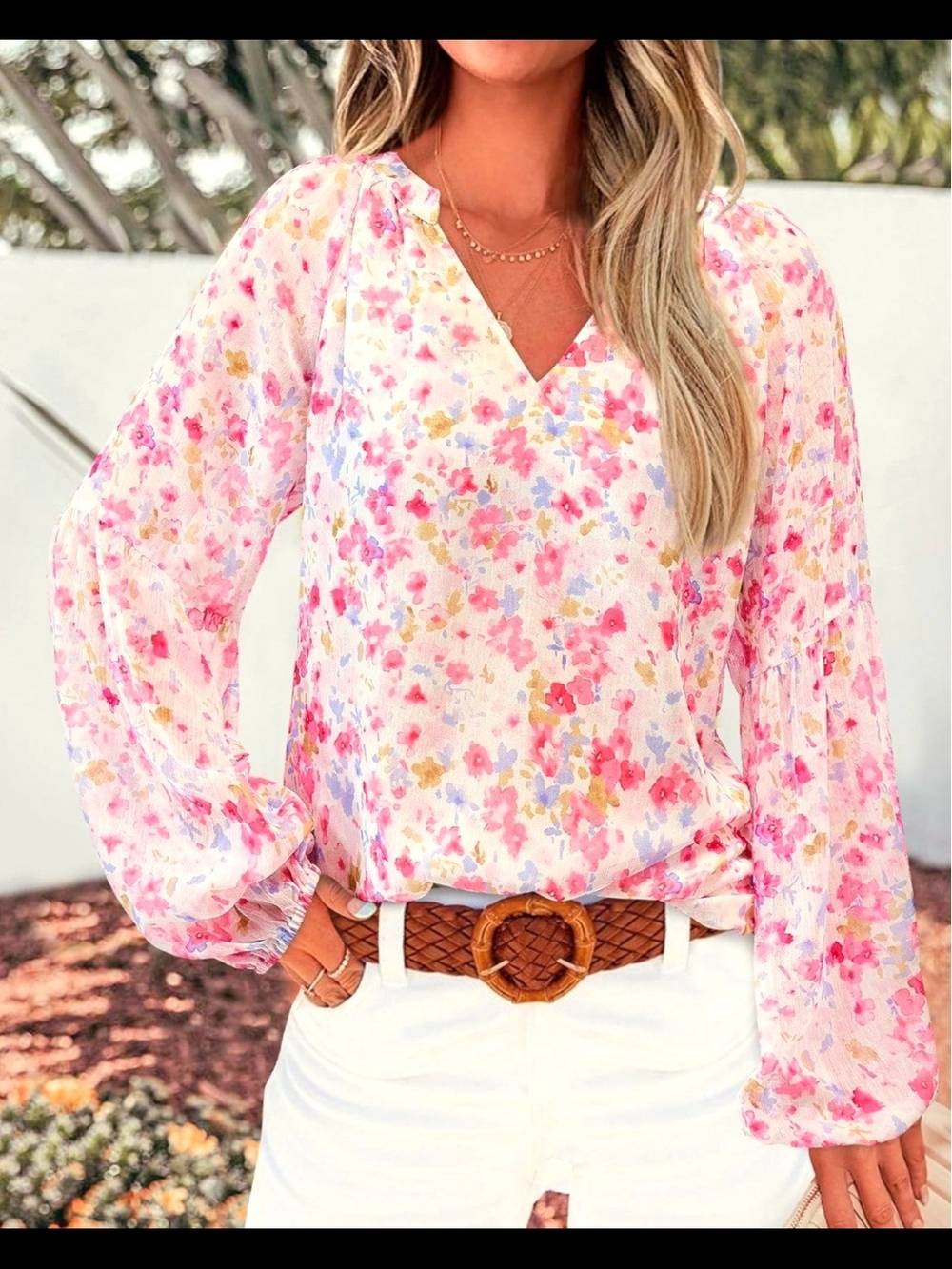 Floral V-Neck Long-Sleeve Blouse - Pink Multi